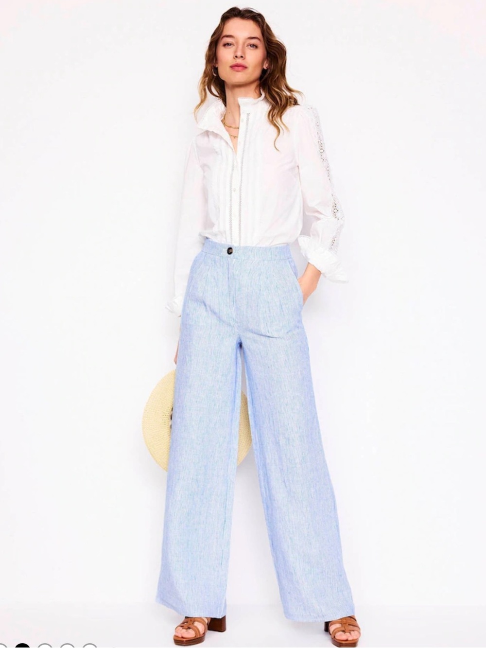 Boden Women’s Dulwich Linen Wide Leg Trousers Pants Blue Fine Stripe Size 14L